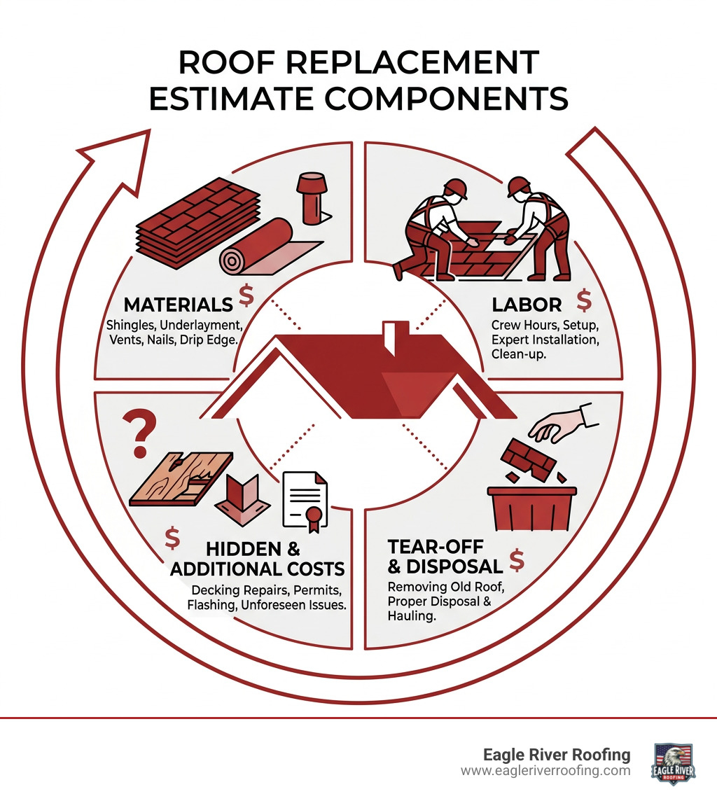 Infographic showing components of a roof replacement estimate including materials, labor, tear-off, and hidden costs Infographic showing components of a roof replacement estimate including materials, labor, tear-off, and hidden costs