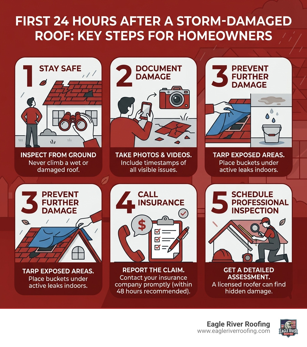 Infographic: First 24 hours after a storm damaged roof - safety, documentation, tarping, insurance call, professional