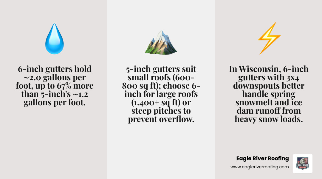 Infographic comparing 5 inch vs 6 inch gutters: capacity, downspout size, best roof size, Wisconsin suitability - 5 inch vs