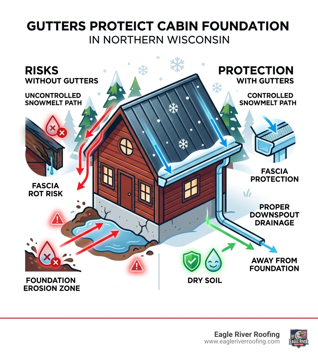 Infographic showing how gutters protect cabin foundations: snowmelt path, erosion zones, fascia rot risk, and proper