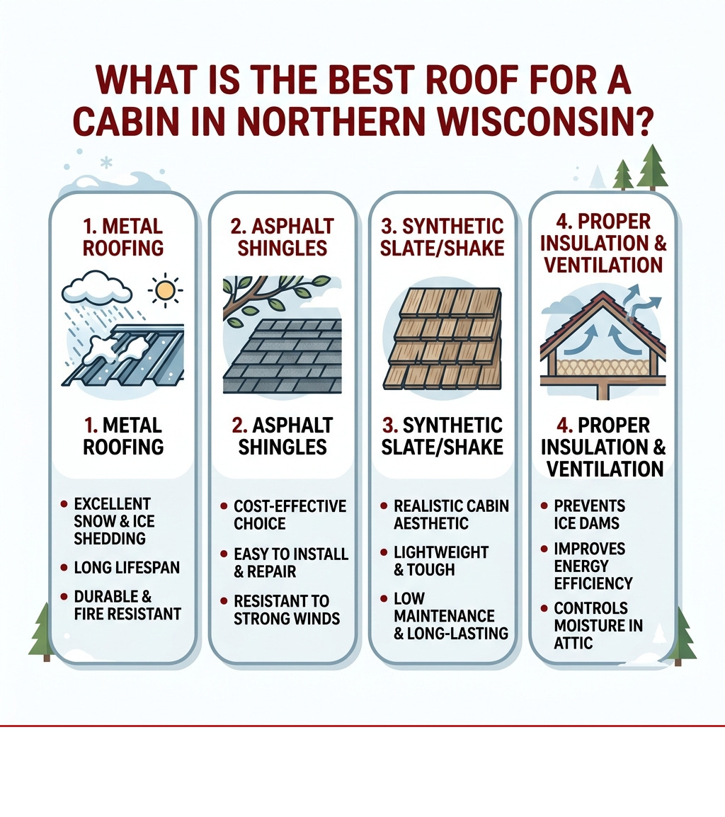 roofing material comparison infographic for northern Wisconsin cabins showing metal vs asphalt lifespan cost and snow roofing material comparison infographic for northern Wisconsin cabins showing metal vs asphalt lifespan cost and snow