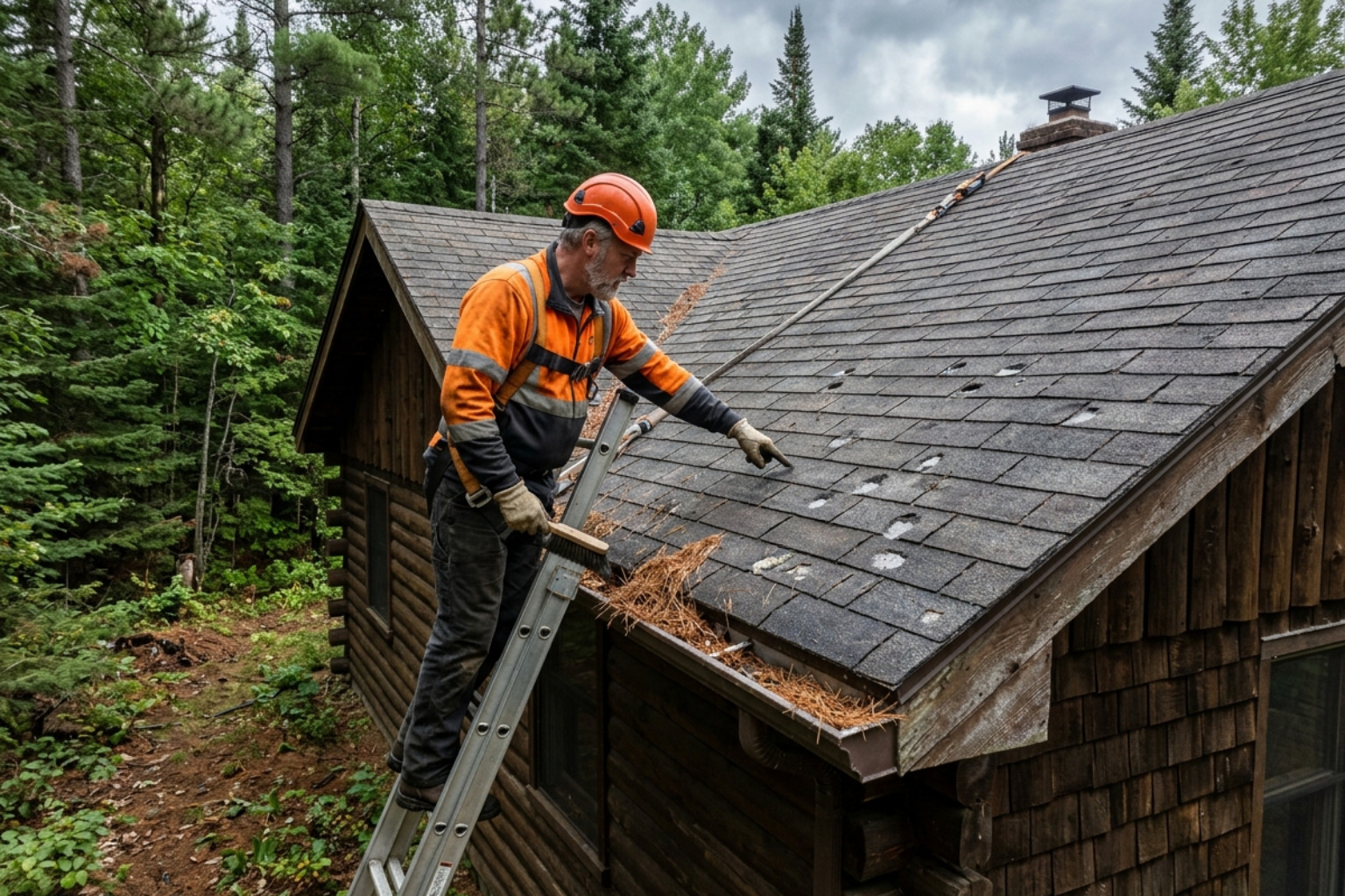 contractor inspecting roof for hail damage and cleaning gutters - What is the best roof for a cabin in northern Wisconsin? contractor inspecting roof for hail damage and cleaning gutters - What is the best roof for a cabin in northern Wisconsin?