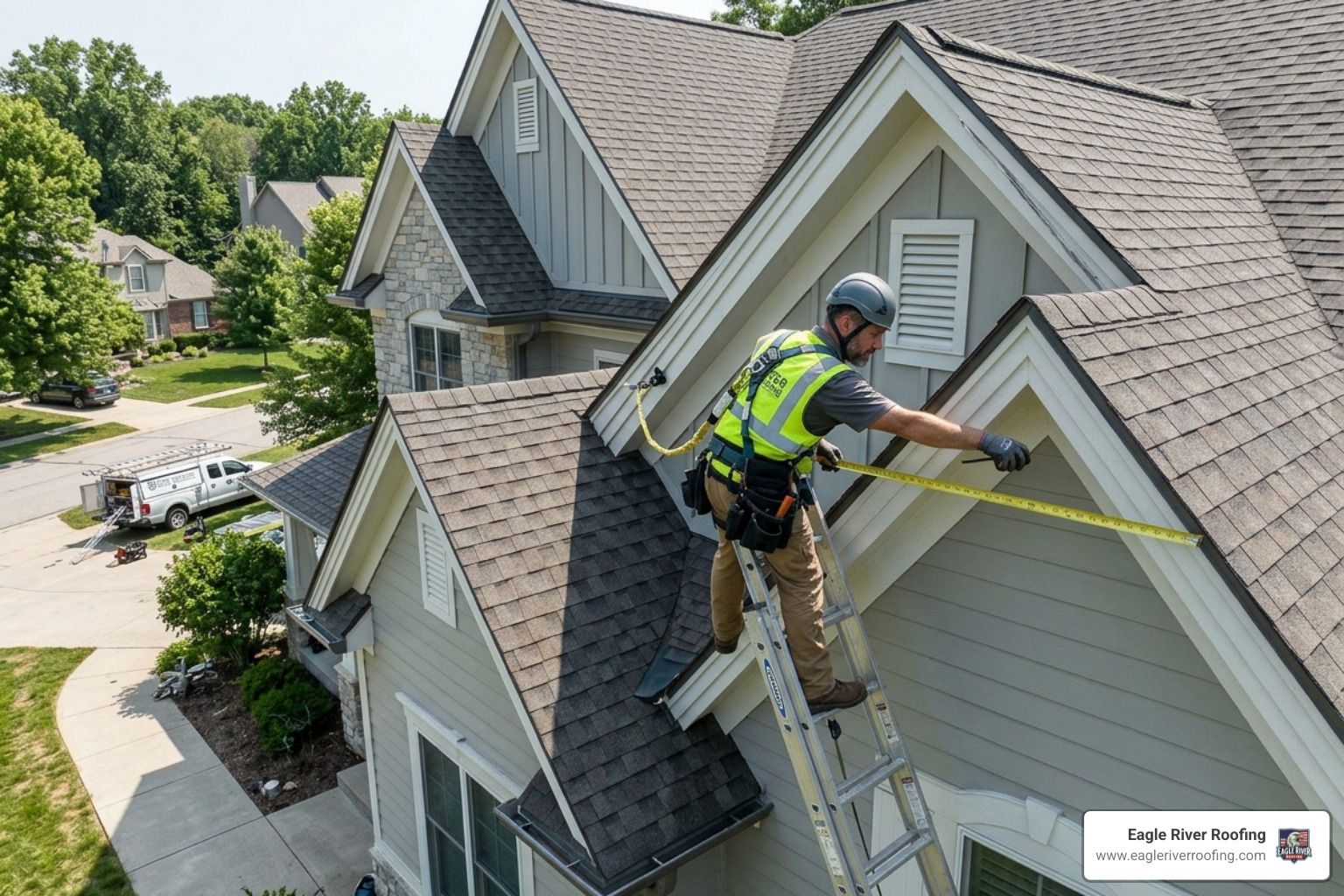 Professional gutter installer measuring a complex roofline on a multi-story home - average cost of seamless gutter Professional gutter installer measuring a complex roofline on a multi-story home - average cost of seamless gutter