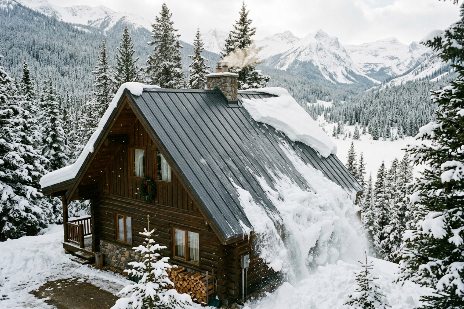 Heavy snow sliding off a slick metal roof in the winter - metal cabin roof Heavy snow sliding off a slick metal roof in the winter - metal cabin roof