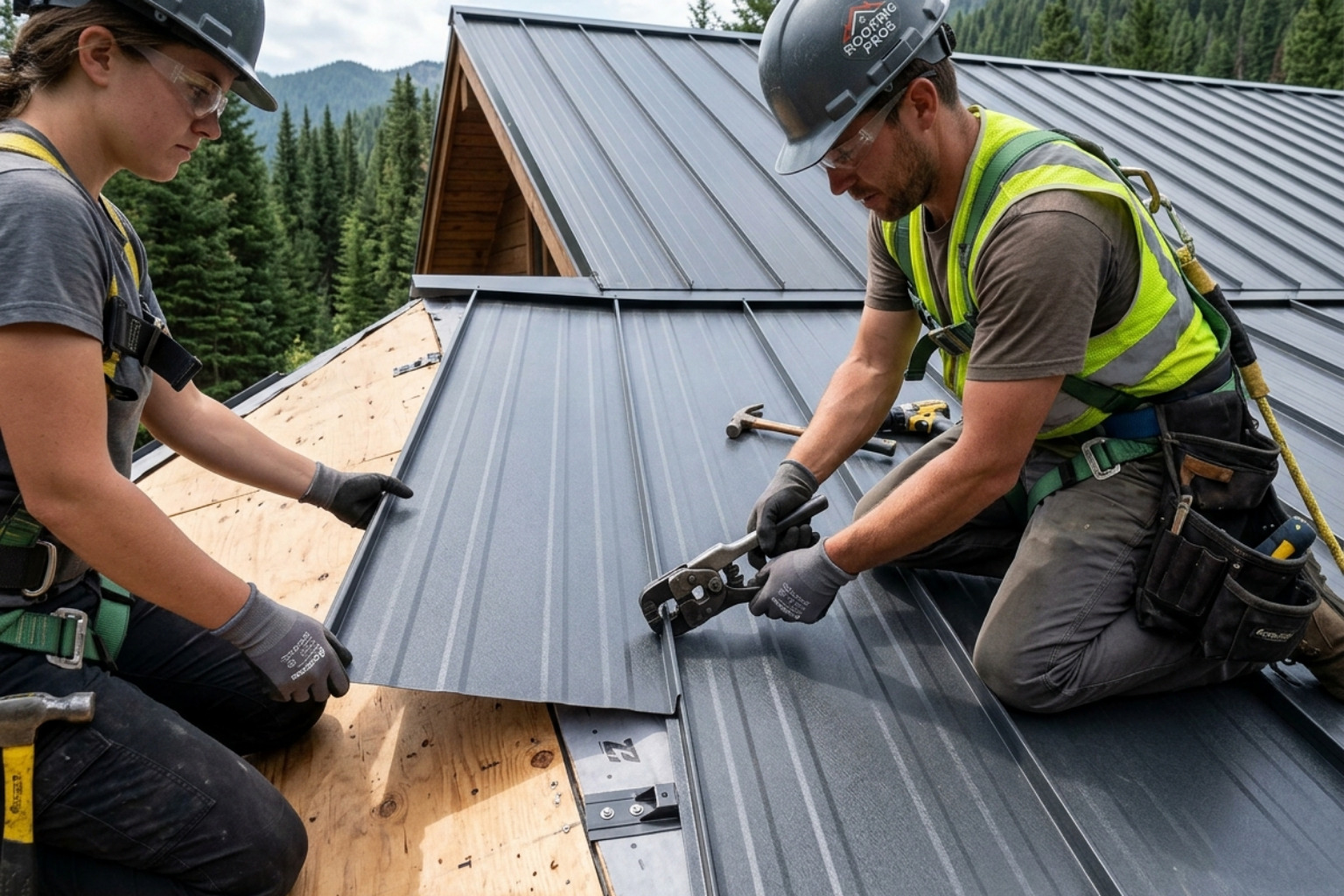 Professional roofers installing standing seam metal panels with hidden fasteners - metal cabin roof Professional roofers installing standing seam metal panels with hidden fasteners - metal cabin roof