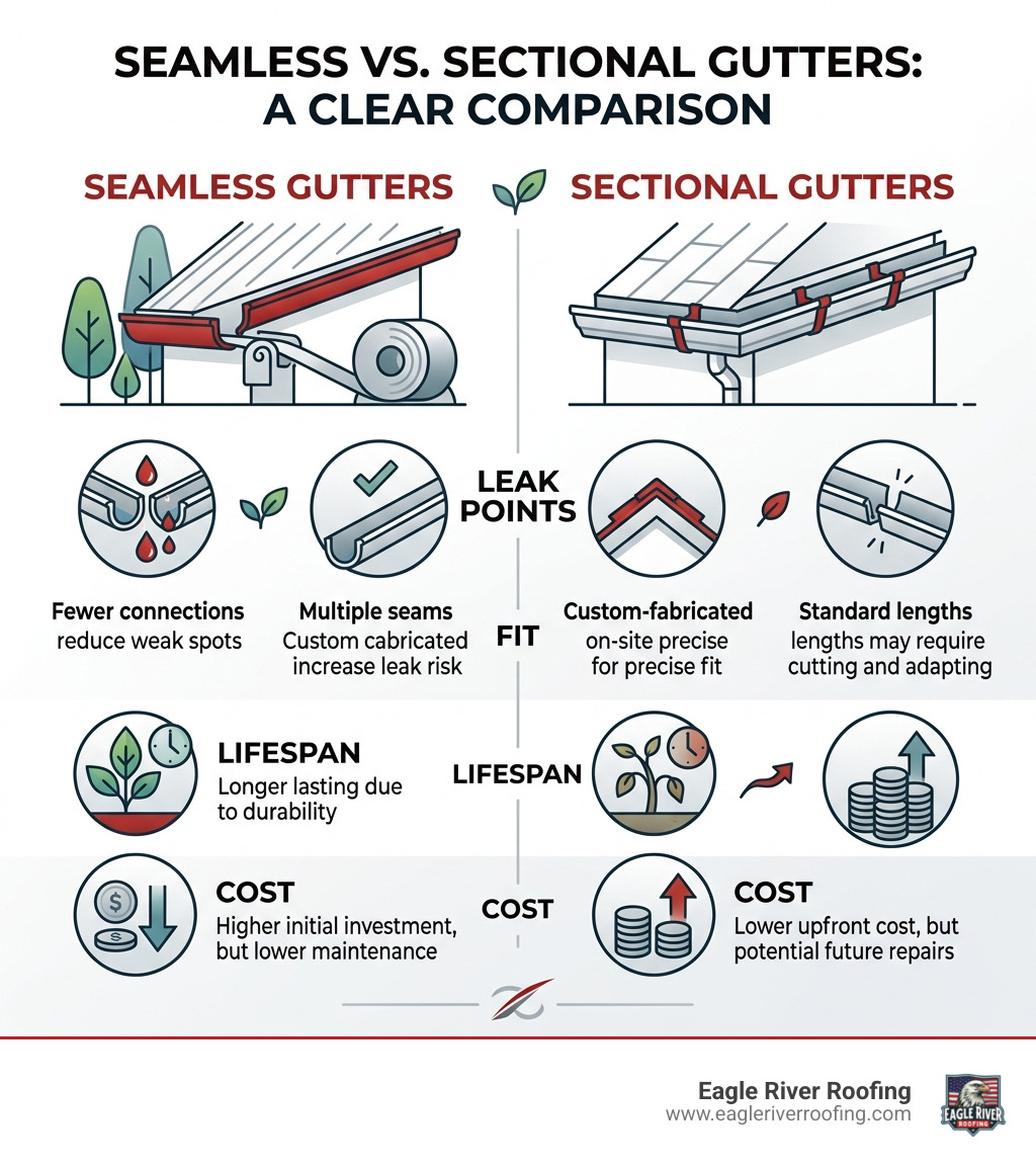 Infographic comparing seamless vs sectional gutters: leak points, fit, lifespan, and cost - seamless gutter companies in my Infographic comparing seamless vs sectional gutters: leak points, fit, lifespan, and cost - seamless gutter companies in my