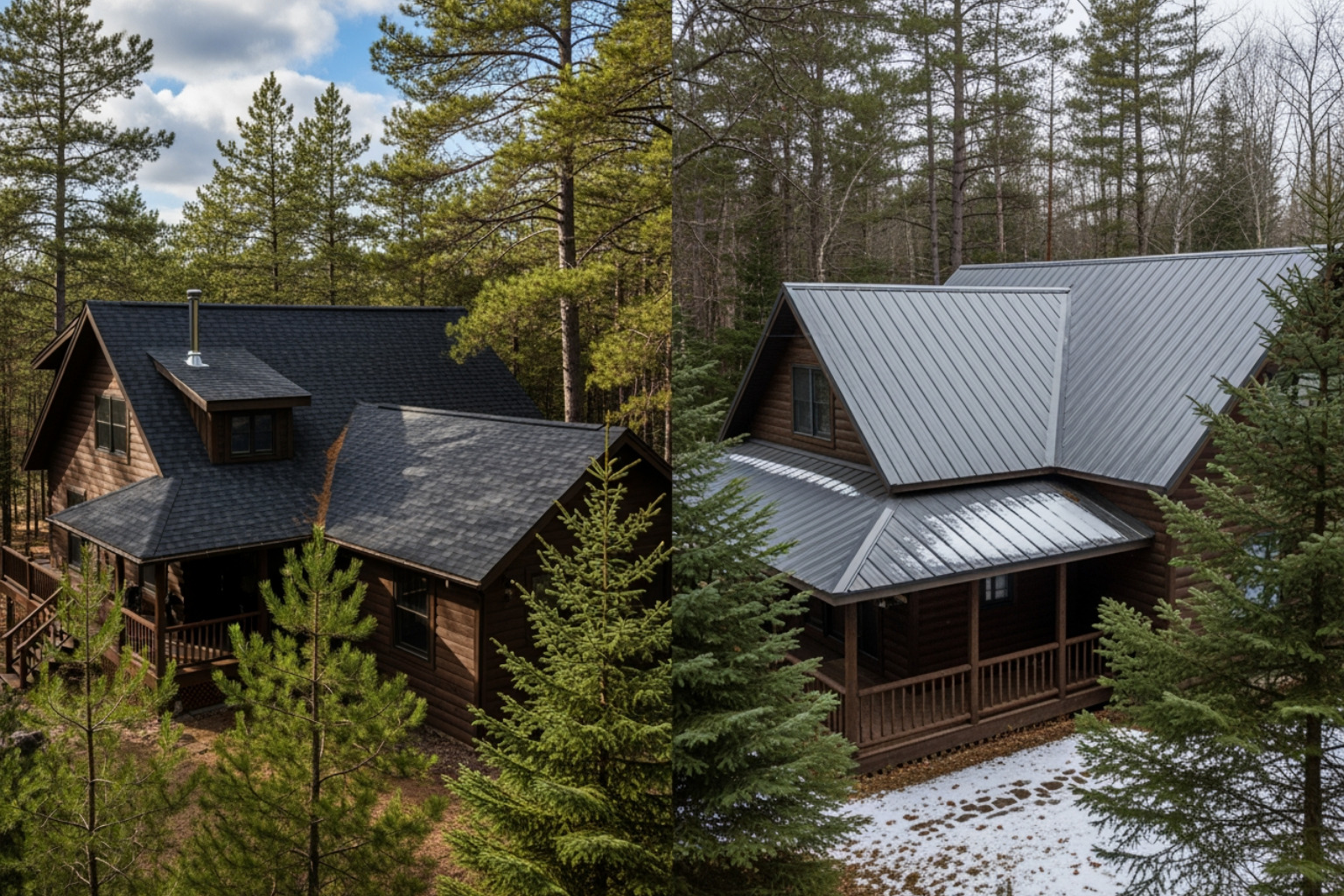 A side-by-side comparison image of a GAF Timberline HDZ shingle roof and a standing seam metal roof on two different A side-by-side comparison image of a GAF Timberline HDZ shingle roof and a standing seam metal roof on two different