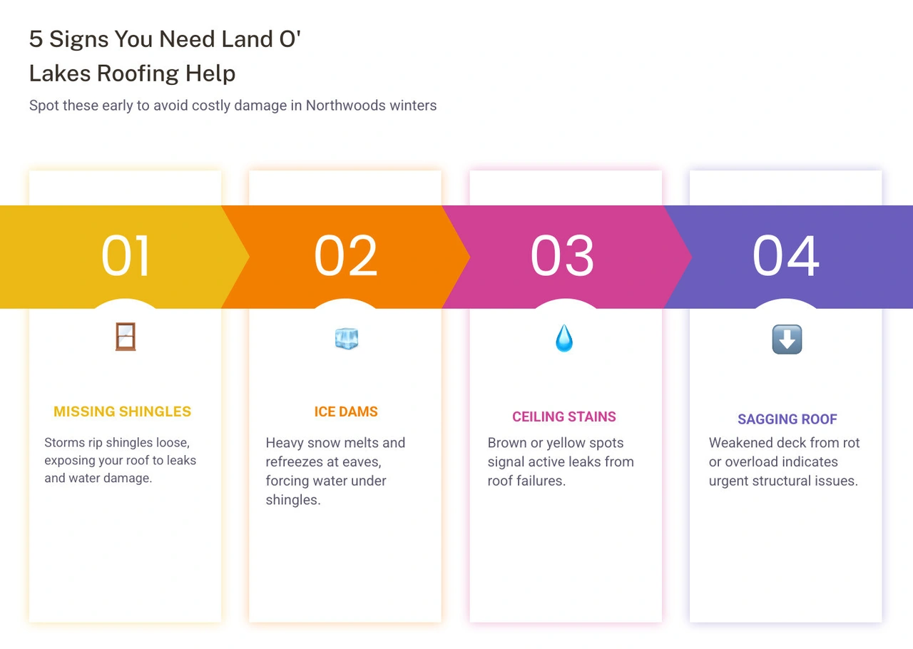 Infographic showing 5 signs of roof damage in Land O' Lakes: missing shingles, ice dams, ceiling stains, sagging deck, aging Infographic showing 5 signs of roof damage in Land O' Lakes: missing shingles, ice dams, ceiling stains, sagging deck, aging