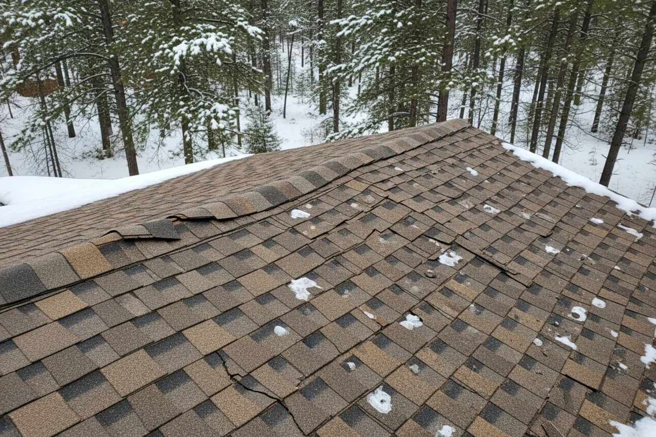 Asphalt shingles with hail damage and missing granules on a Land O' Lakes home Asphalt shingles with hail damage and missing granules on a Land O' Lakes home