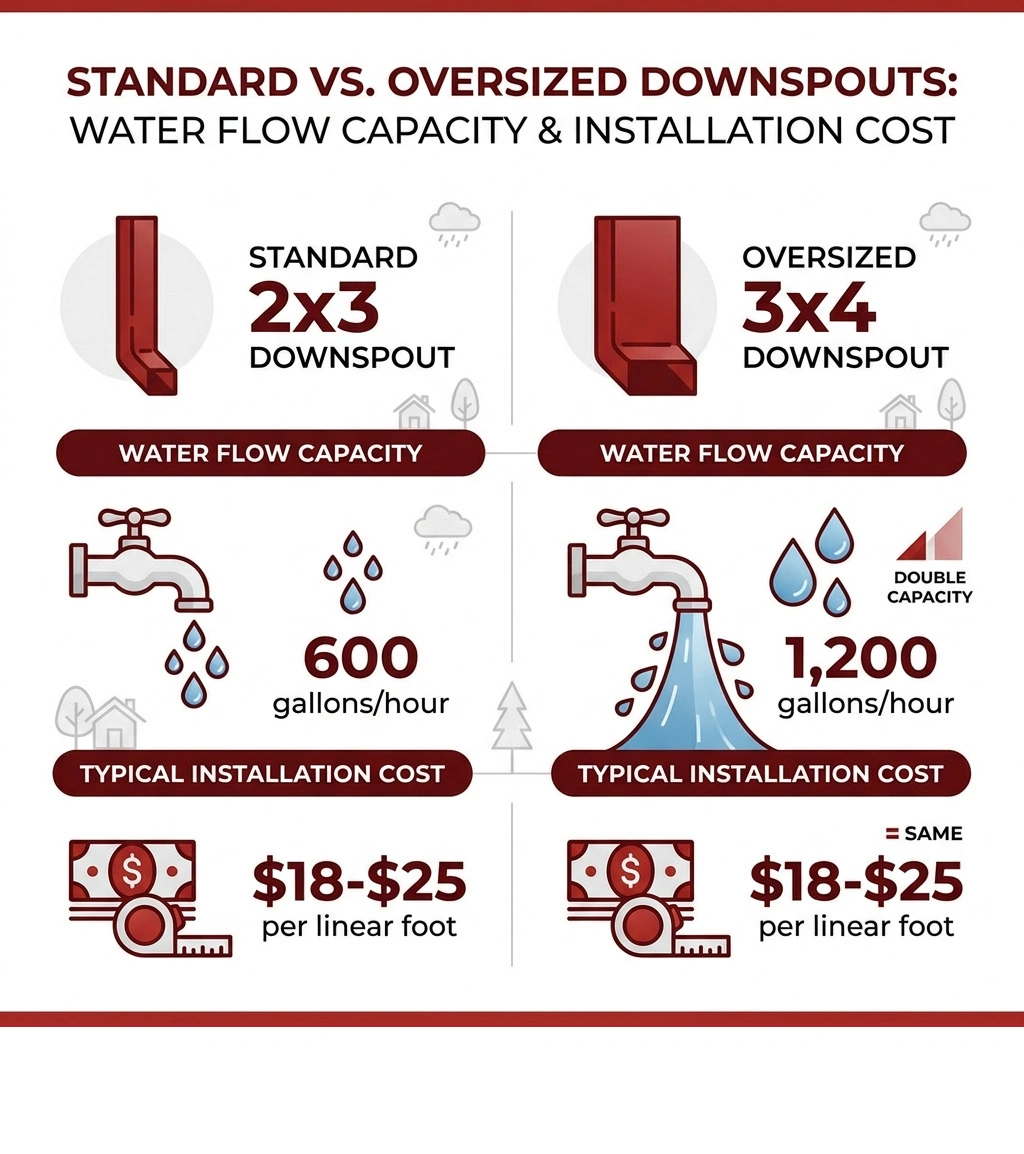 Infographic comparing standard 2x3 vs oversized 3x4 downspout water flow capacity and installation costs - oversized Infographic comparing standard 2x3 vs oversized 3x4 downspout water flow capacity and installation costs - oversized