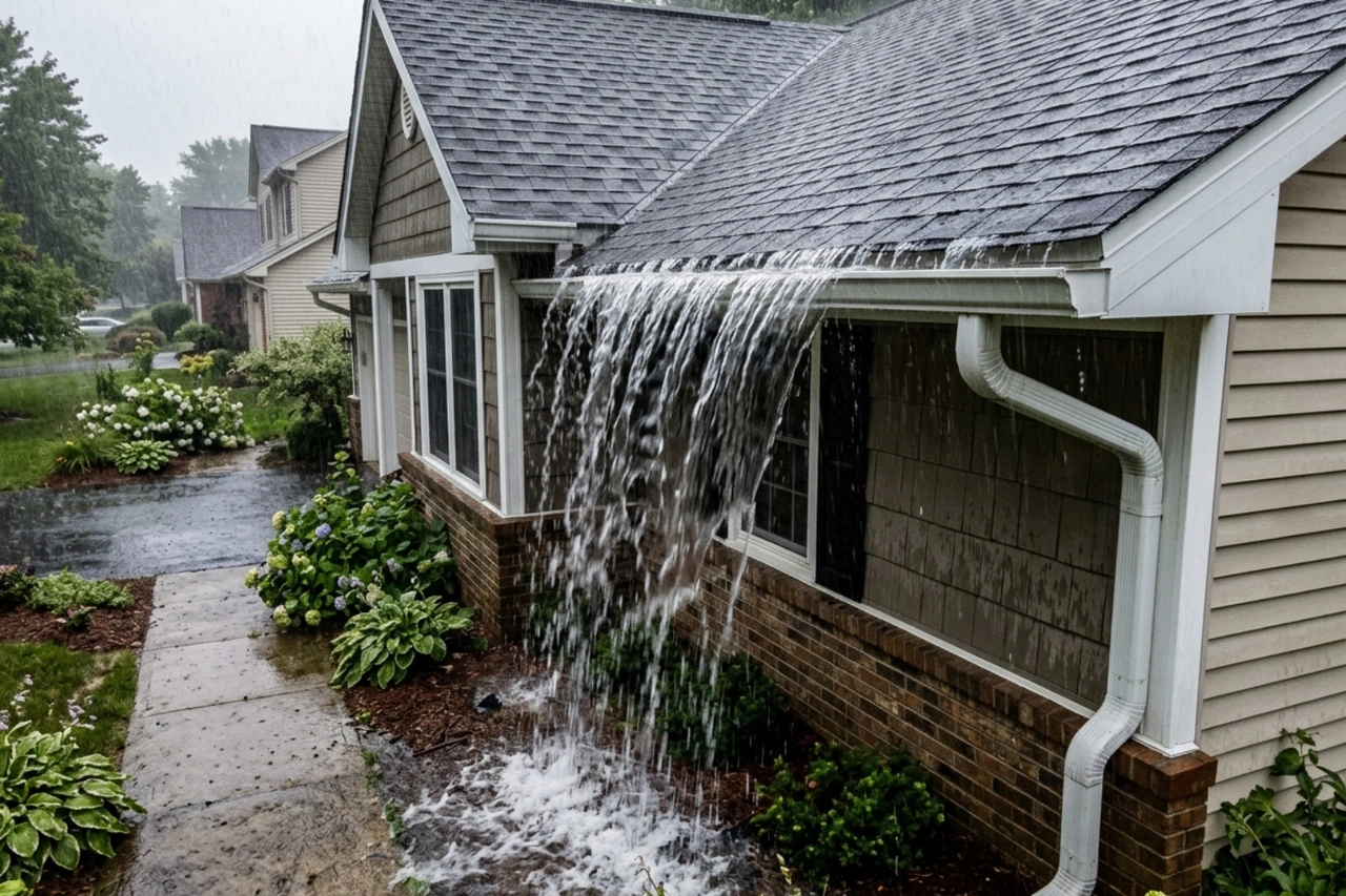 water overflowing standard gutters due to undersized downspouts during heavy rain - oversized downspouts installation water overflowing standard gutters due to undersized downspouts during heavy rain - oversized downspouts installation