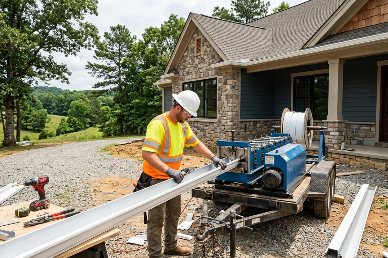 contractor fabricating seamless gutters on-site for a custom home installation - oversized downspouts installation contractor contractor fabricating seamless gutters on-site for a custom home installation - oversized downspouts installation contractor