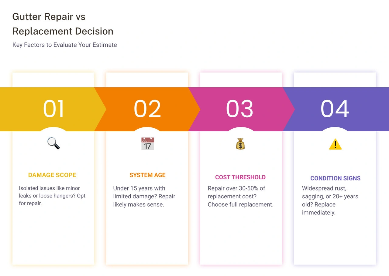 Decision tree infographic showing gutter repair vs replacement cost thresholds and warning signs - gutter repair vs Decision tree infographic showing gutter repair vs replacement cost thresholds and warning signs - gutter repair vs