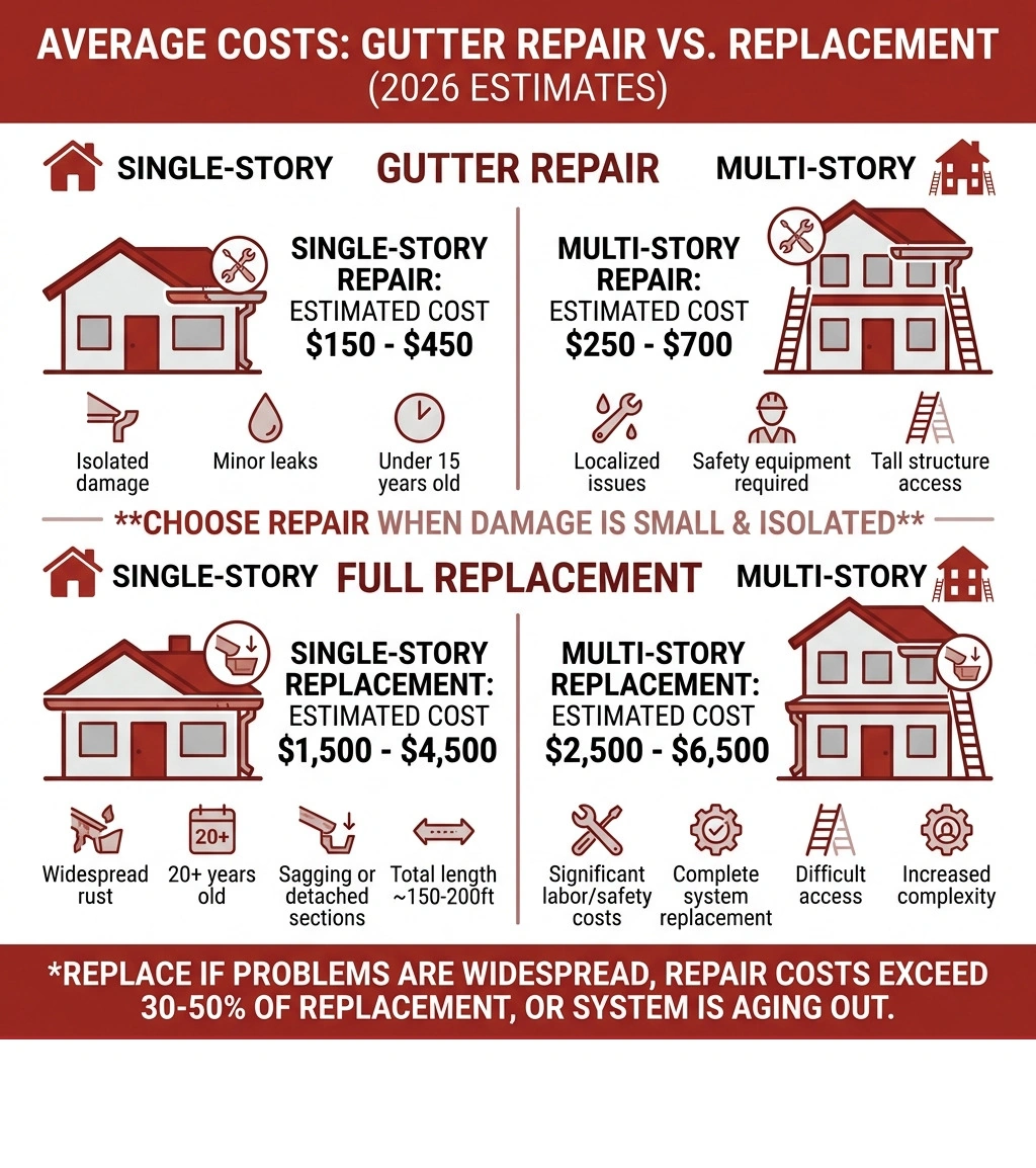 infographic showing average costs of gutter repair vs full replacement for single and multi-story homes - gutter repair vs infographic showing average costs of gutter repair vs full replacement for single and multi-story homes - gutter repair vs