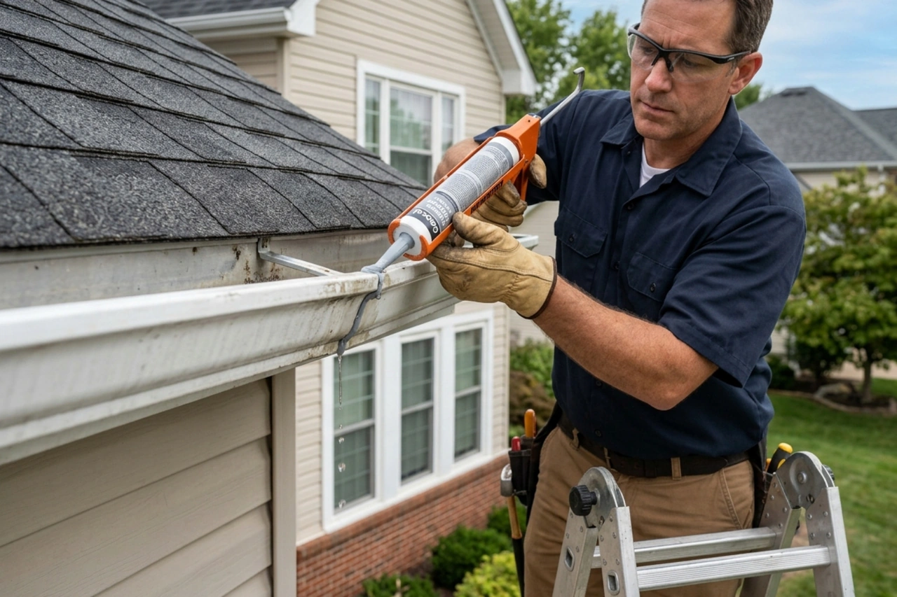 minor gutter leak being sealed with waterproof sealant - gutter repair vs replacement estimate minor gutter leak being sealed with waterproof sealant - gutter repair vs replacement estimate