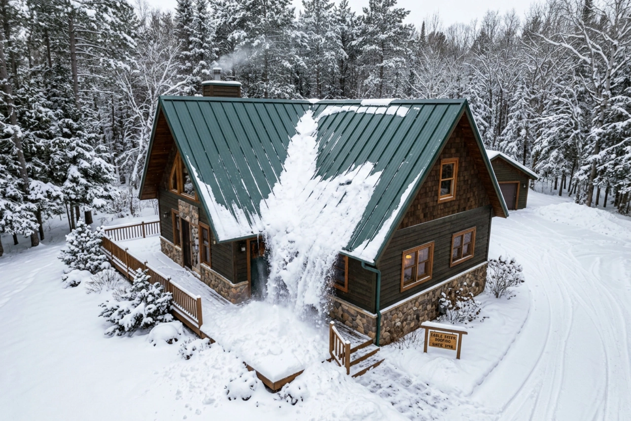 snow sliding off a metal roof on a northern Wisconsin home