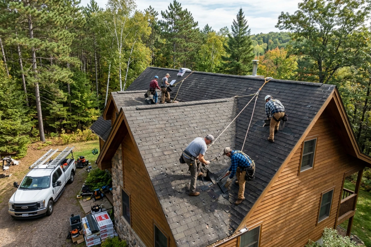 professional roofing crew repairing moderate hail damage on a Northwoods roof