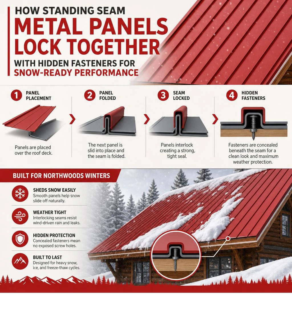 infographic showing how standing seam metal panels lock together with hidden fasteners for snow-ready performance infographic infographic showing how standing seam metal panels lock together with hidden fasteners for snow-ready performance infographic