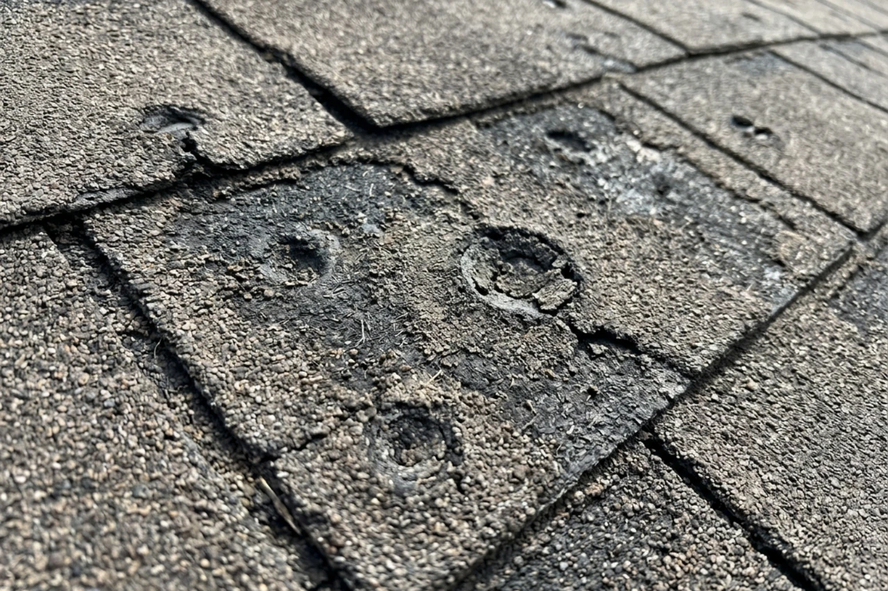 Close-up of weathered asphalt shingles with moderate hail damage and granule loss Close-up of weathered asphalt shingles with moderate hail damage and granule loss