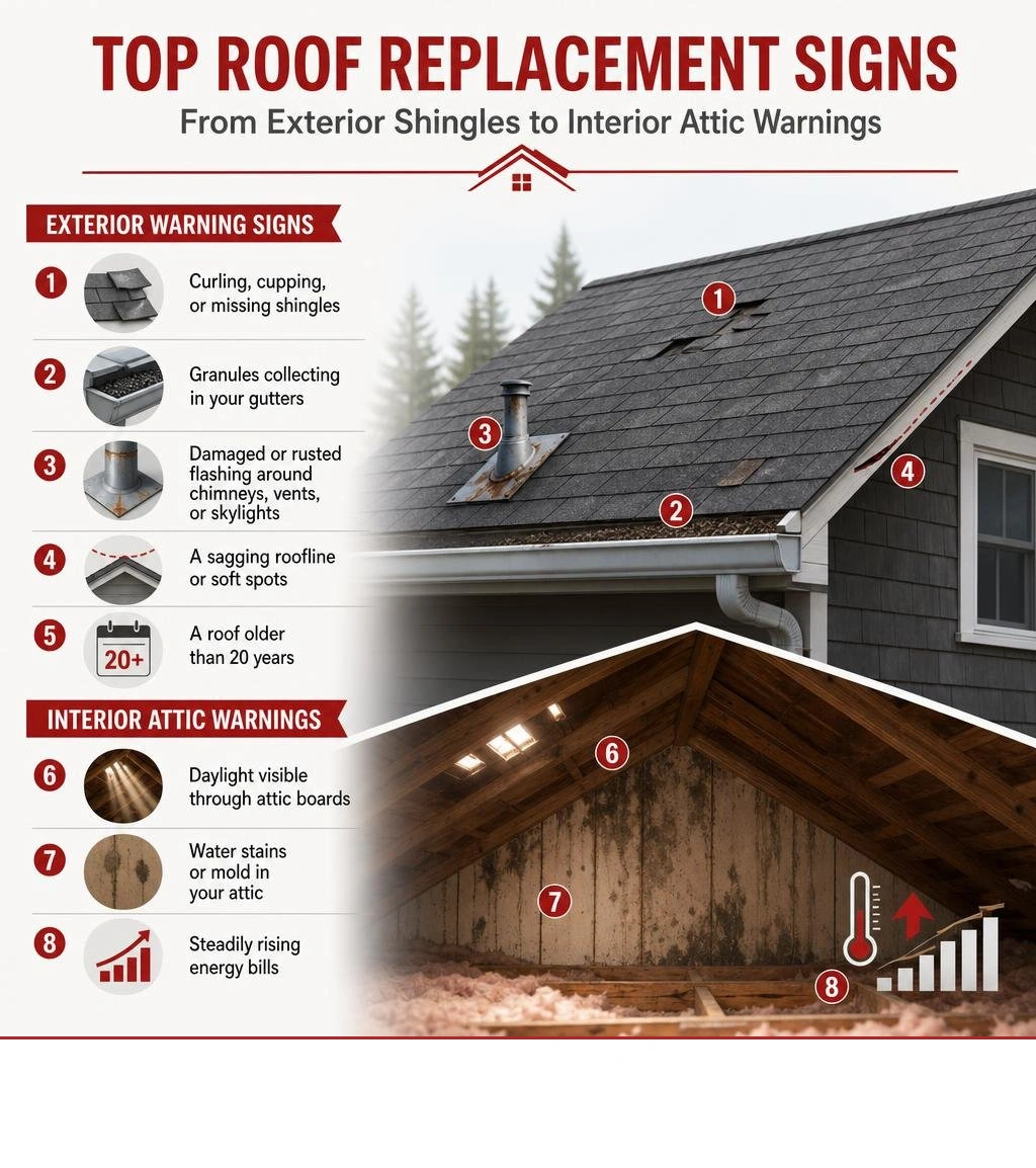Infographic showing the top roof replacement signs from exterior shingles to interior attic warnings infographic Infographic showing the top roof replacement signs from exterior shingles to interior attic warnings infographic