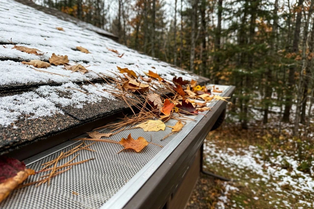 high-quality gutter guard system shedding pine needles and autumn leaves