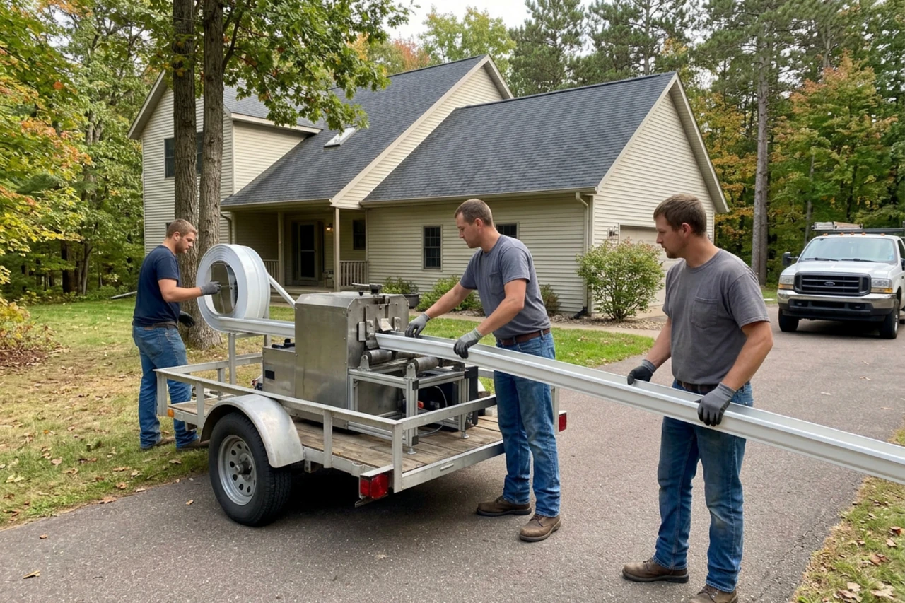 professional gutter installation crew custom-extruding seamless gutters on-site