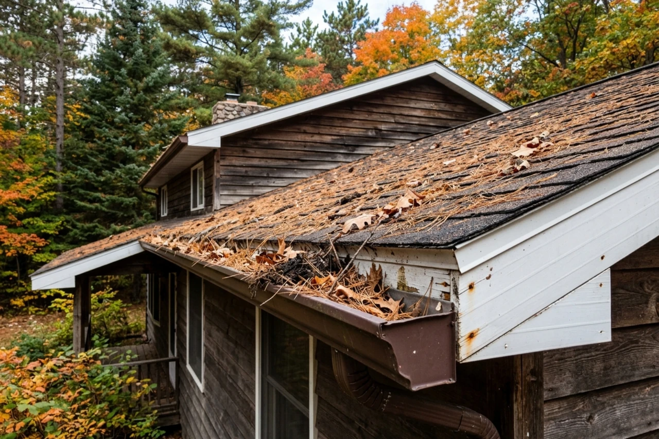 gutters sagging and filled with pine needles and debris - gutter replacement eagle river wi