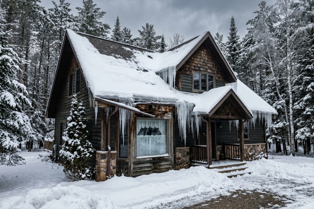 snow and ice buildup on a roof causing damage to gutters and fascia - gutter replacement eagle river wi