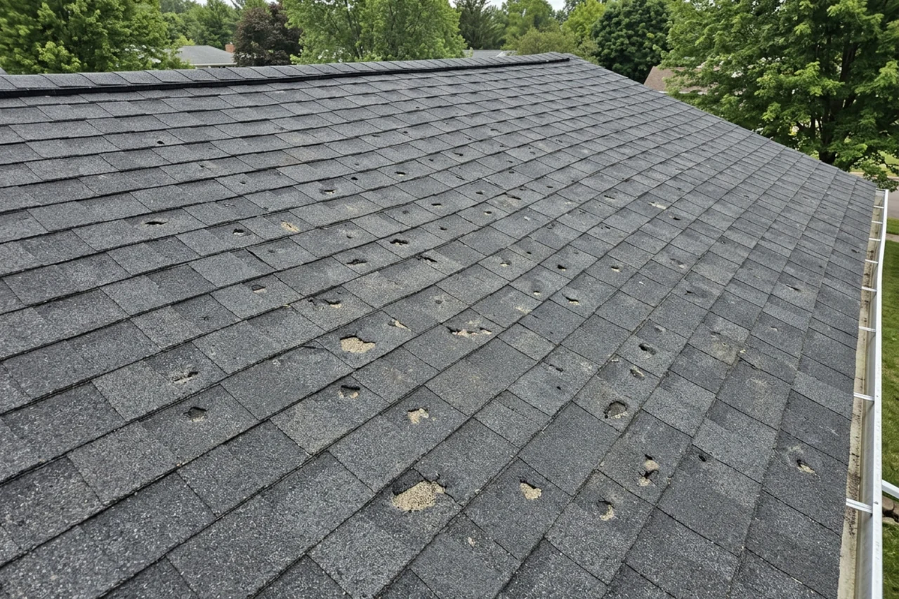 moderate hail damage on a shingle roof in Rhinelander WI moderate hail damage on a shingle roof in Rhinelander WI