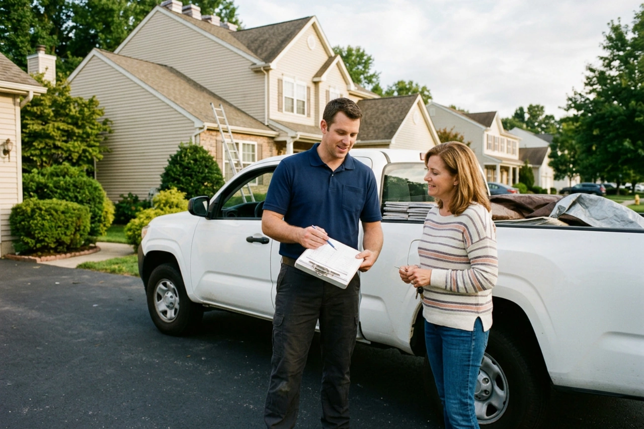 professional roofing contractor explaining a written estimate to a homeowner professional roofing contractor explaining a written estimate to a homeowner