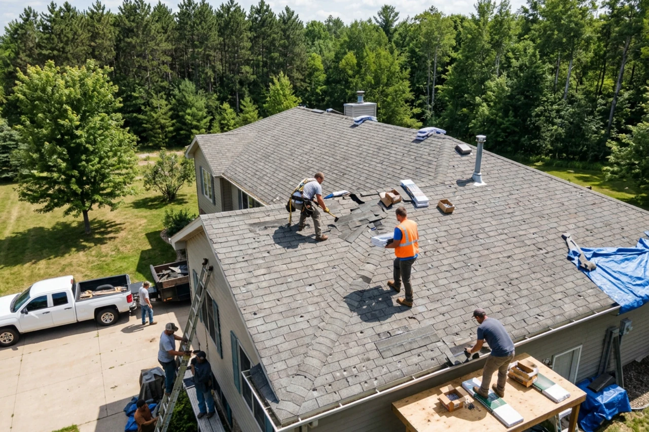 roof replacement crew working on a roof with moderate hail damage on a sunny summer day roof replacement crew working on a roof with moderate hail damage on a sunny summer day