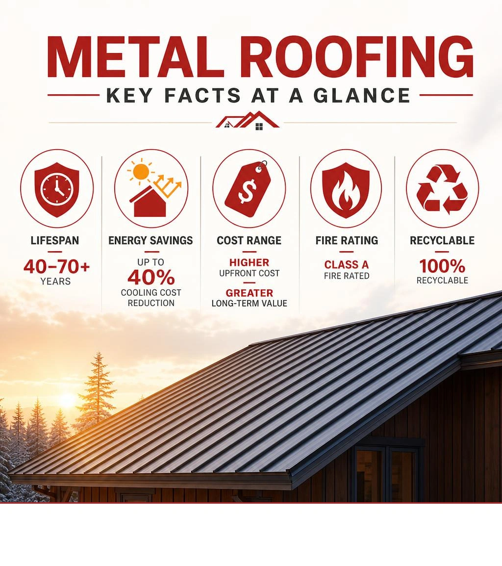 Infographic showing key metal roofing facts: lifespan, energy savings, cost range, fire rating, and recyclability infographic