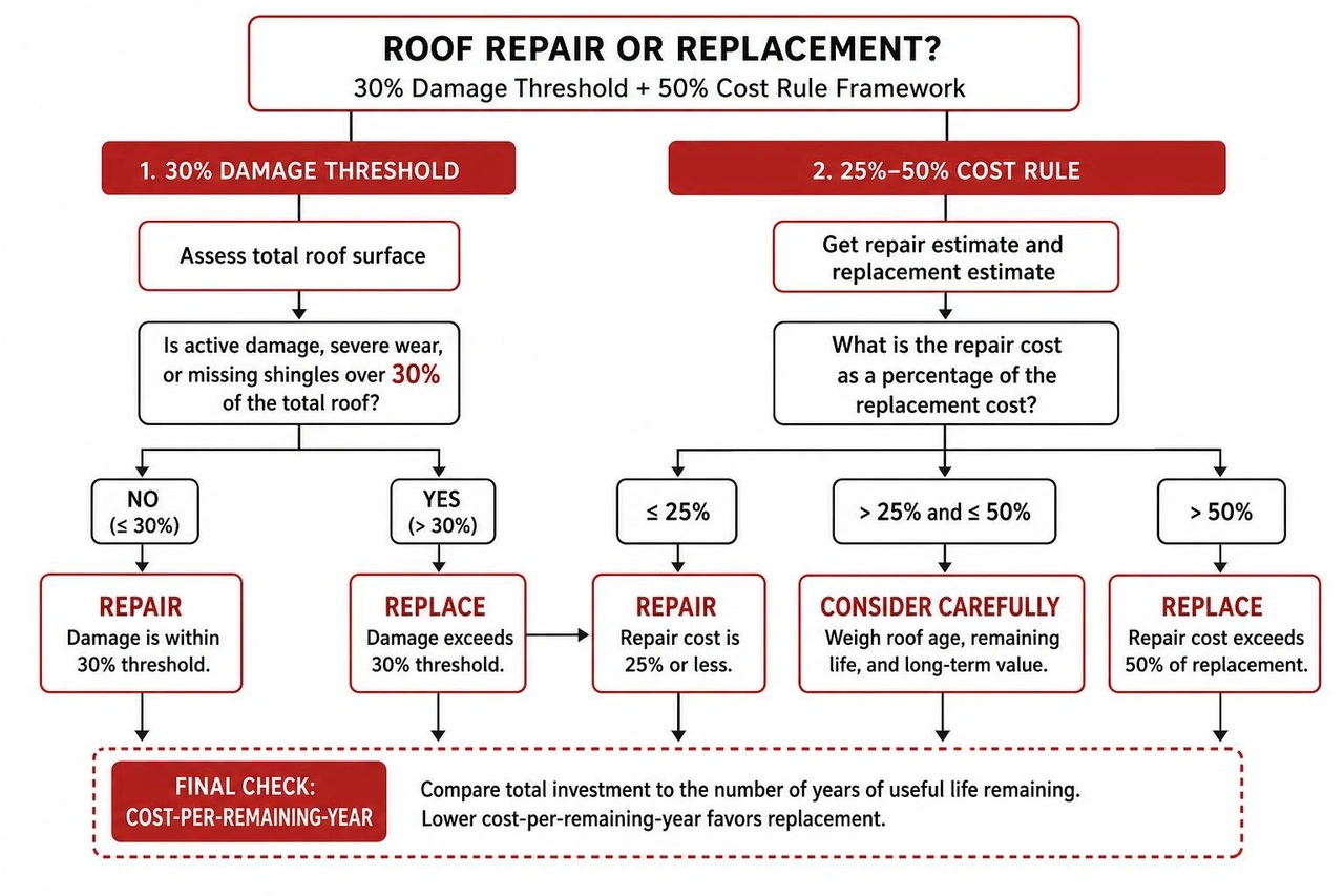 Diagram showing the 30% damage threshold and the 50% cost rule decision framework Diagram showing the 30% damage threshold and the 50% cost rule decision framework