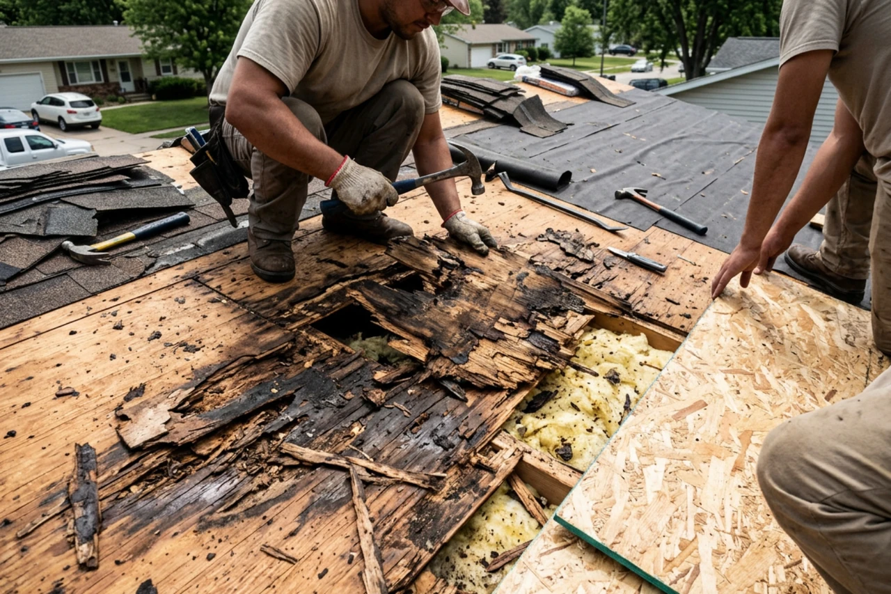 Rotted plywood decking exposed and being replaced during a professional roof tear-off Rotted plywood decking exposed and being replaced during a professional roof tear-off