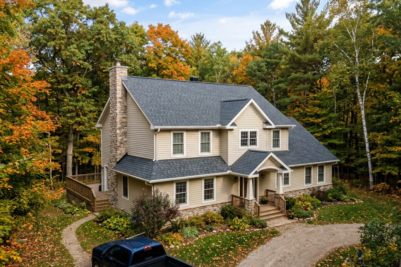 A clean, completed GAF architectural shingle roof on a home in a wooded Wisconsin setting A clean, completed GAF architectural shingle roof on a home in a wooded Wisconsin setting