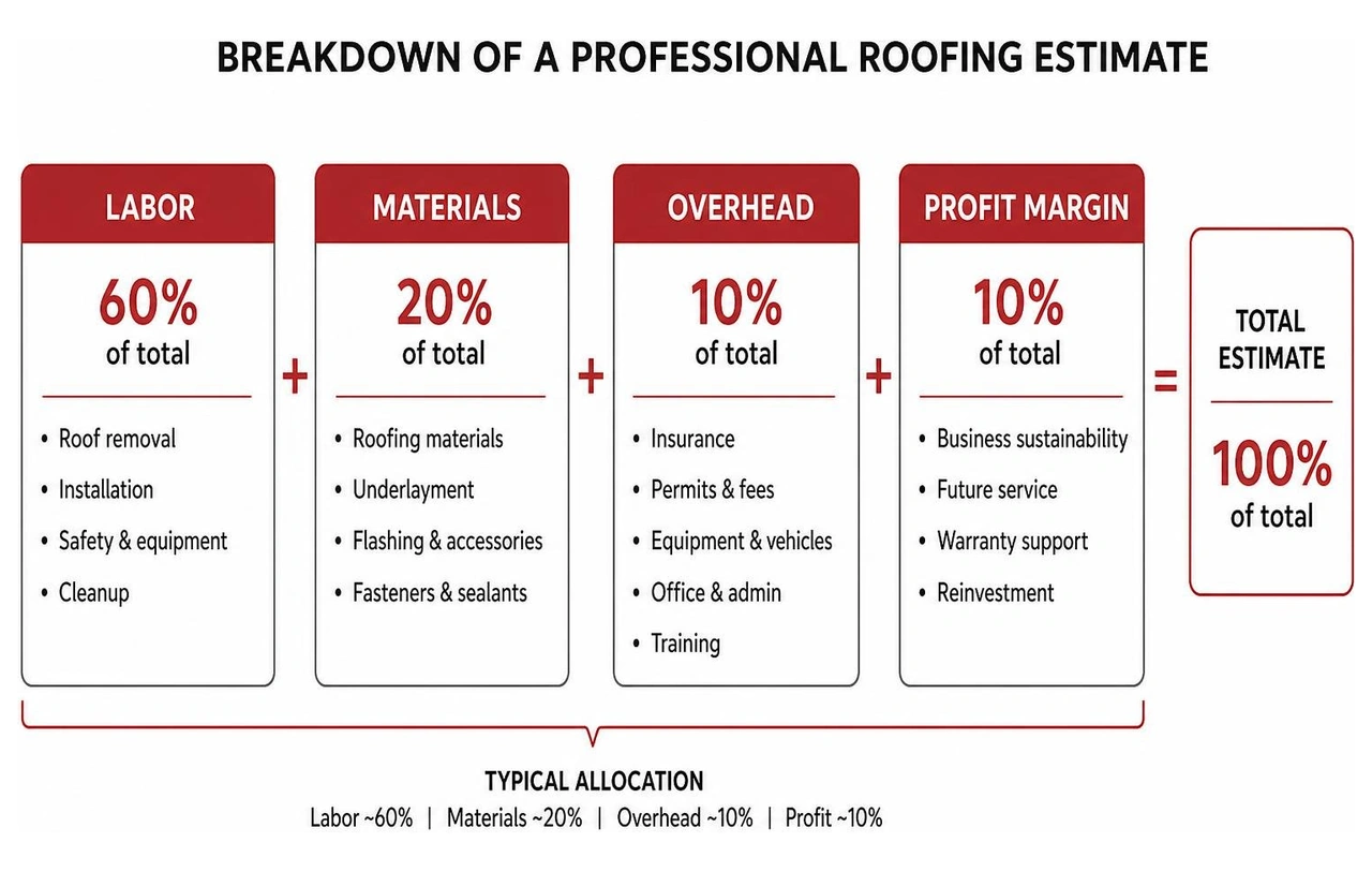 diagram showing the breakdown of a professional roofing estimate including labor, materials, overhead, and profit margin diagram showing the breakdown of a professional roofing estimate including labor, materials, overhead, and profit margin