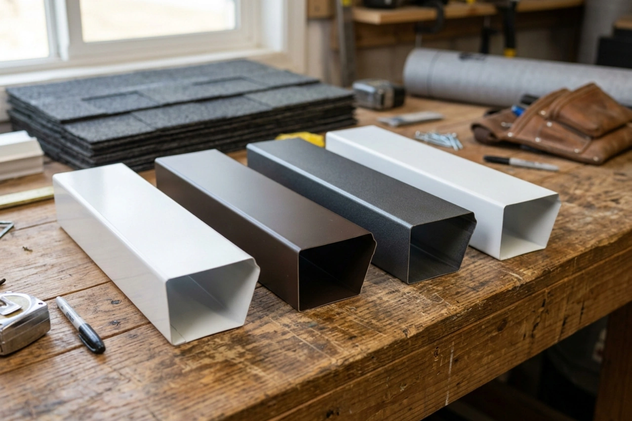 Gutter material samples in various colors like white, brown, and charcoal gray Gutter material samples in various colors like white, brown, and charcoal gray