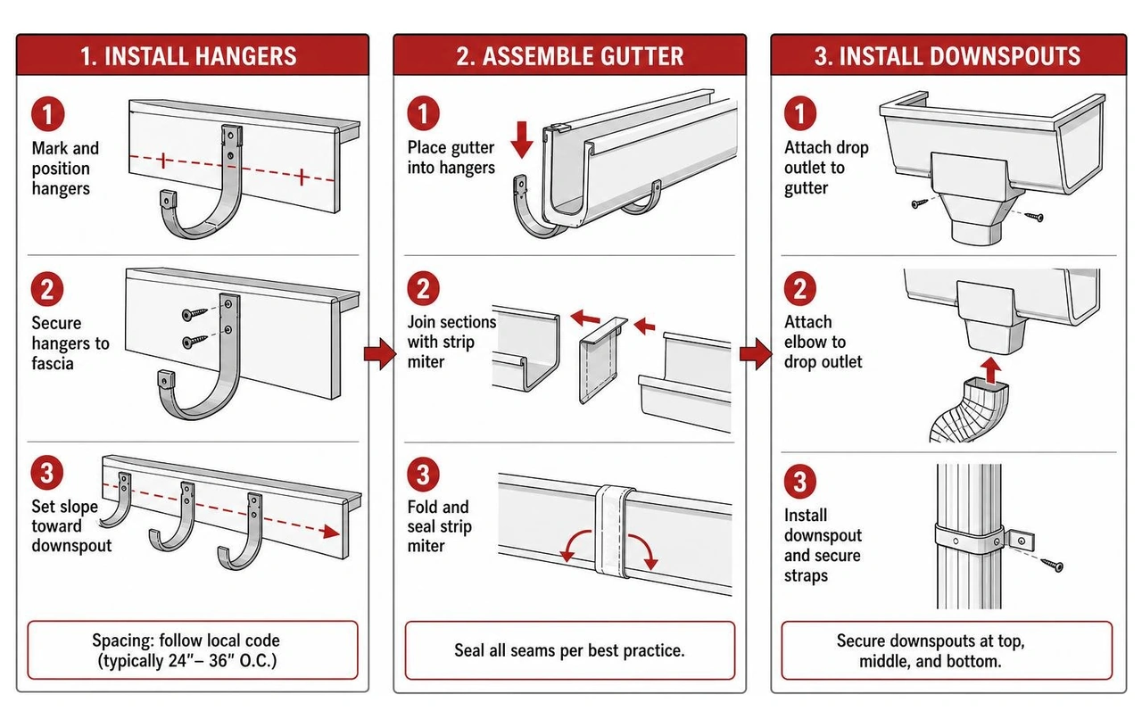 Diagram showing the assembly of heavy-duty gutter hangers, strip miters, and downspouts Diagram showing the assembly of heavy-duty gutter hangers, strip miters, and downspouts