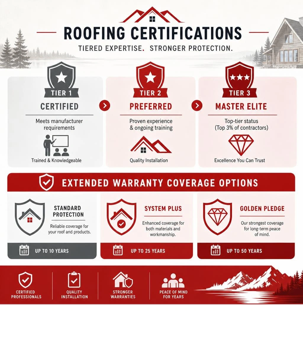 Infographic displaying roofing manufacturer certification tiers and extended warranty coverage options infographic Infographic displaying roofing manufacturer certification tiers and extended warranty coverage options infographic