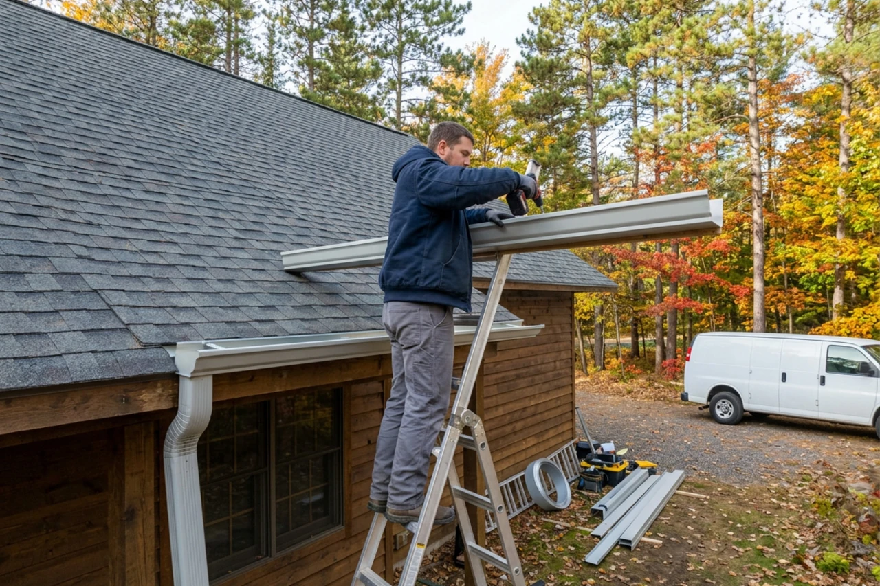 Seamless aluminum gutter installation on a Northwoods home in Three Lakes WI Seamless aluminum gutter installation on a Northwoods home in Three Lakes WI