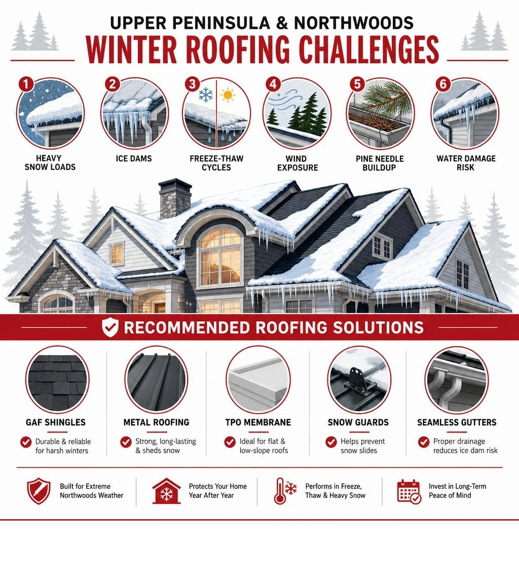 Infographic showing top winter roofing challenges in the Upper Peninsula and Northwoods: heavy snow loads, ice dams Infographic showing top winter roofing challenges in the Upper Peninsula and Northwoods: heavy snow loads, ice dams