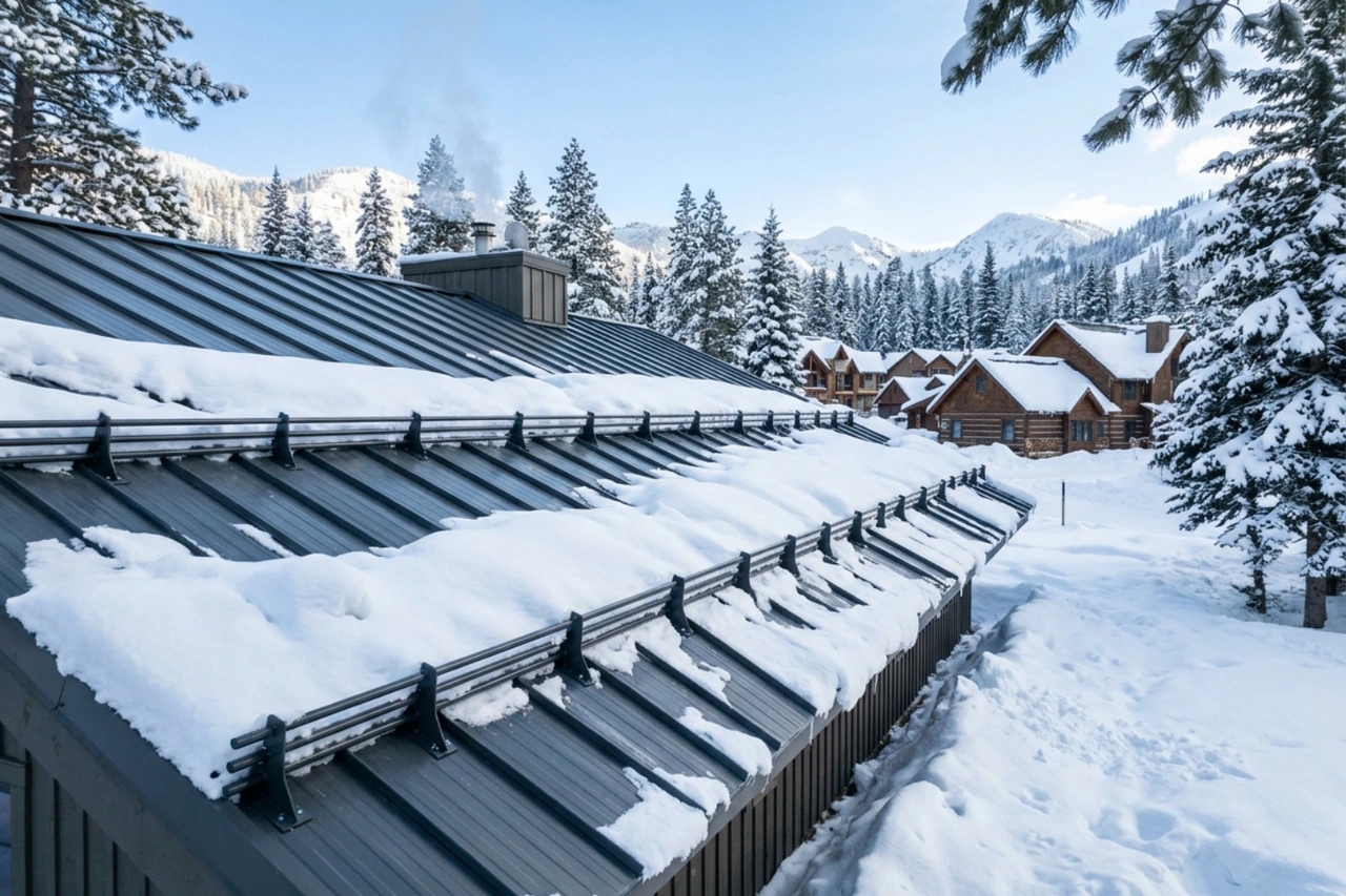 snow guards installed on a metal roof to prevent dangerous snow slides snow guards installed on a metal roof to prevent dangerous snow slides