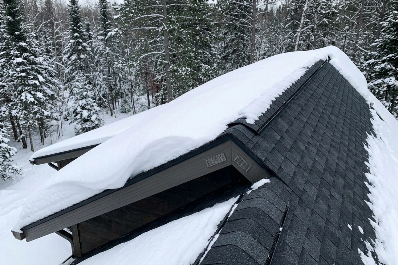 close-up of heavy snow load shedding smoothly off a properly ventilated cabin roof close-up of heavy snow load shedding smoothly off a properly ventilated cabin roof