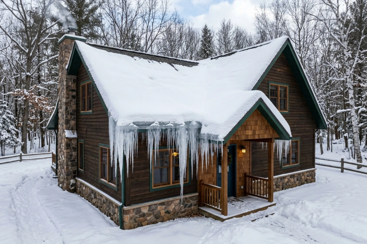 winter ice dams forming on eaves of Northwoods home winter ice dams forming on eaves of Northwoods home