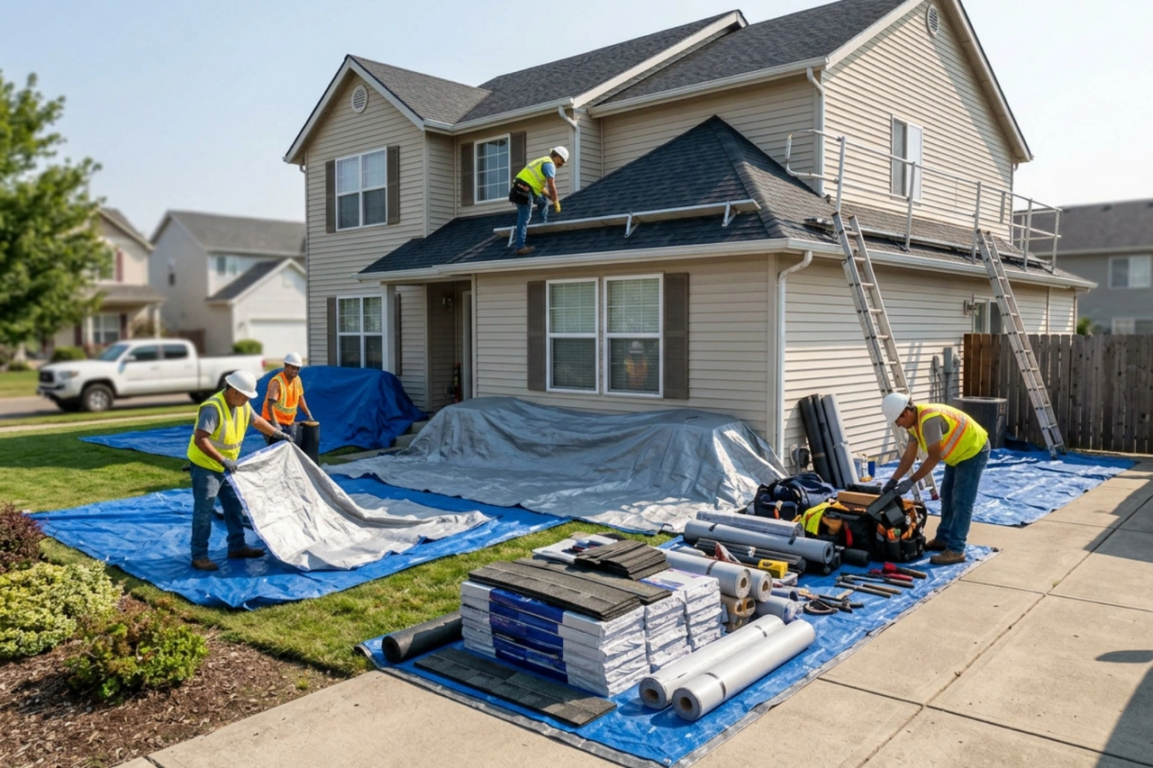 professional roofing crew preparing a job site with ground protection tarps