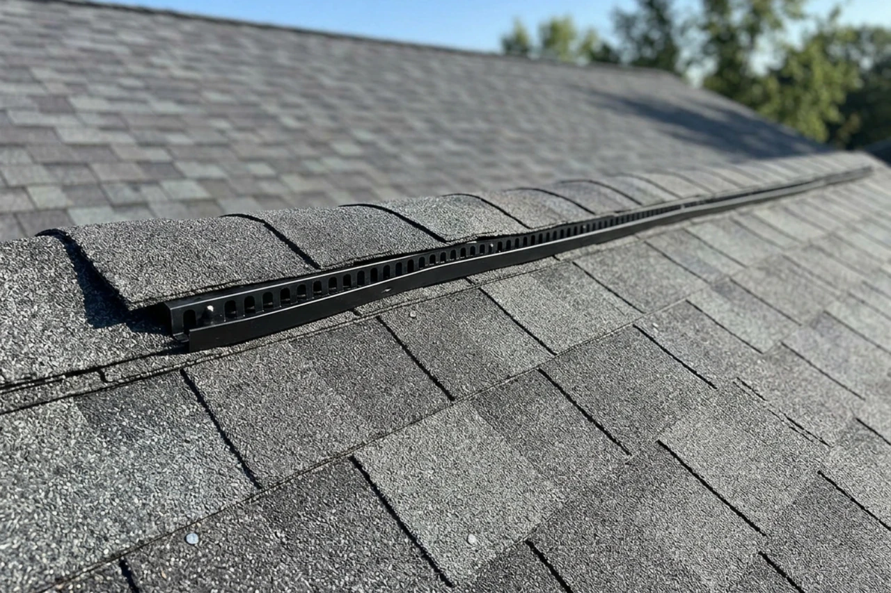 close up GAF architectural shingles installed with clean ridge ventilation