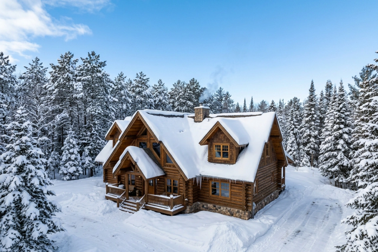 Steep residential roof with heavy snow buildup in Northern Wisconsin