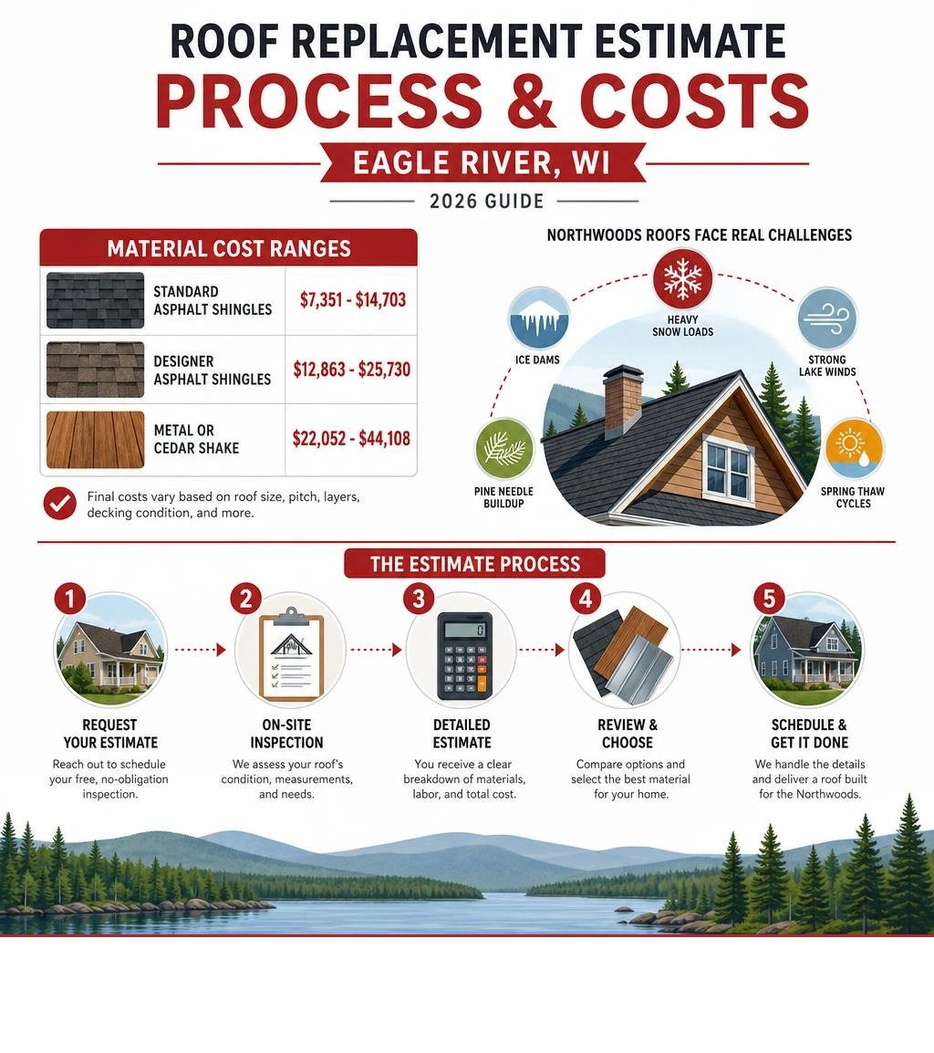 Roof replacement estimate process infographic for Eagle River WI showing material costs and key steps infographic