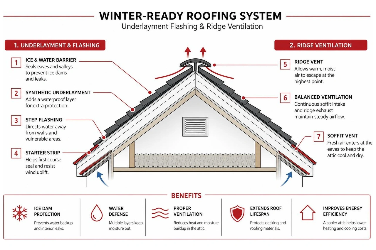 Diagram of a winter-ready roofing system showing underlayment flashing and ridge ventilation