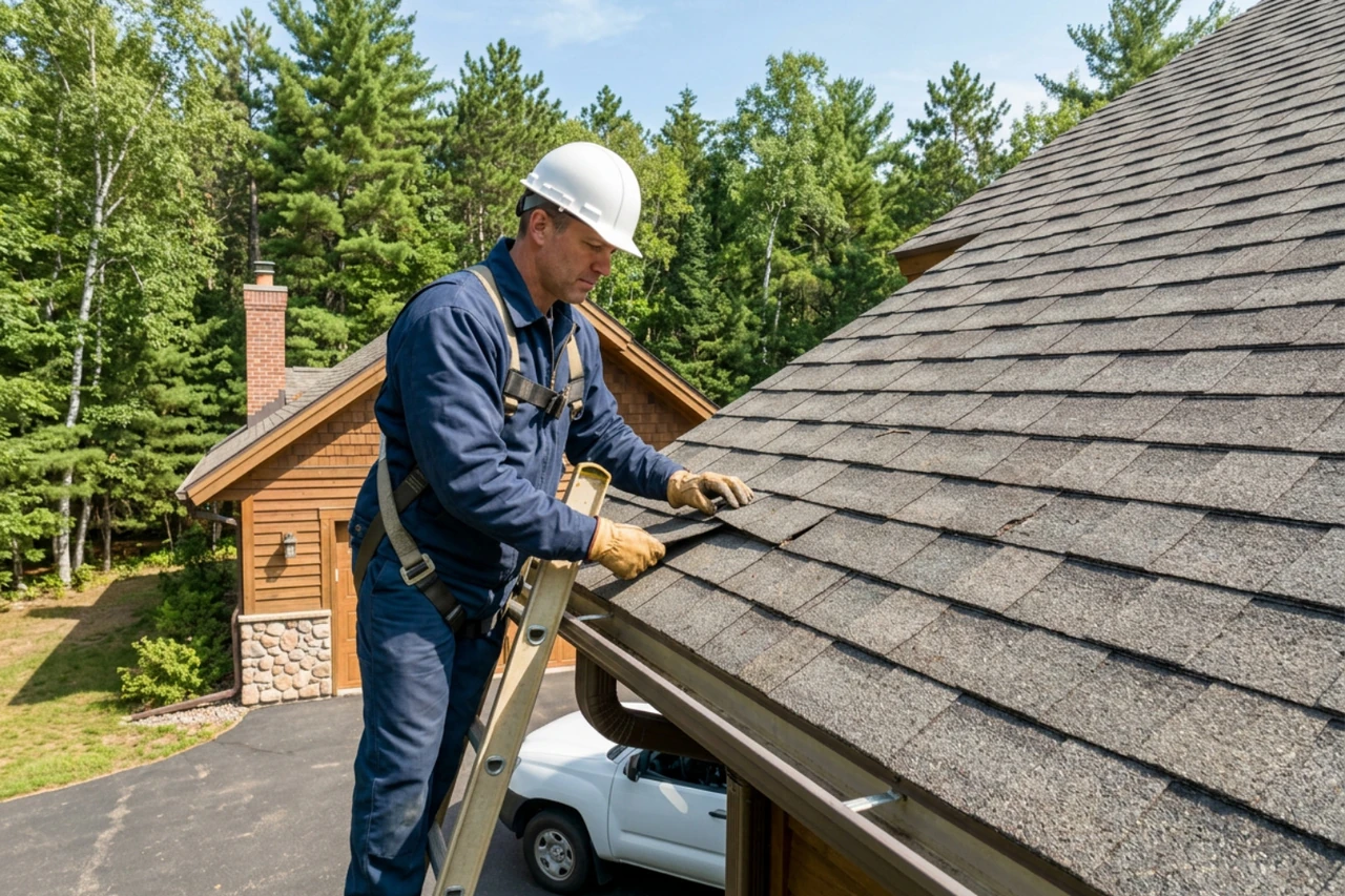 Local roofing contractor inspecting a shingle roof in Eagle River WI